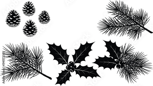 Black silhouette illustrations of pine cones, pine needle sprigs, and holly leaves with berries, winter botanical seasonal decoration artwork