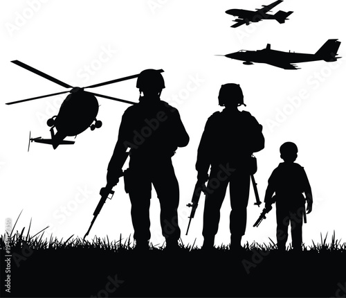 Military patrol silhouette illustration, a high-contrast black and white scene featuring armed soldiers, a child, a helicopter, and fighter aircraft over grassy terrain.