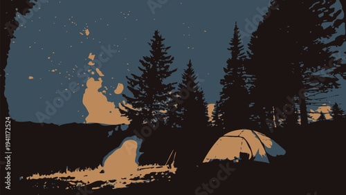 Serene camping scene under starry night sky in forest