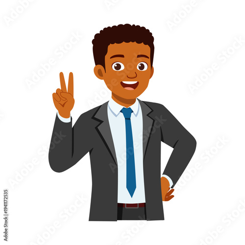 Joyful African American businessman smiling widely and showing a peace sign with his hand in a suit and tie
