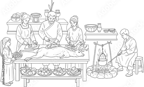 People preparing a large roasted meal together outdoors