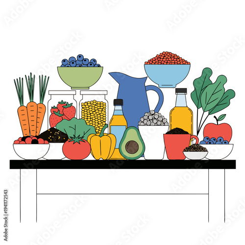 Assorted fresh produce and kitchen essentials displayed on a table with various fruits and vegetables