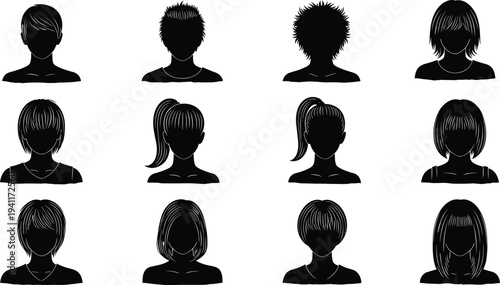 Black silhouette illustrations of twelve human head profiles with diverse hairstyles, showcasing variety in hair length, texture, and style