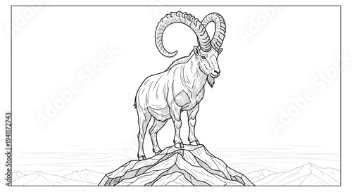 Majestic mountain goat standing proudly atop a rugged peak amidst distant peaks illustration