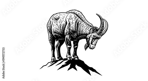 Majestic horned ibex standing proudly atop rugged mountainous terrain illustration