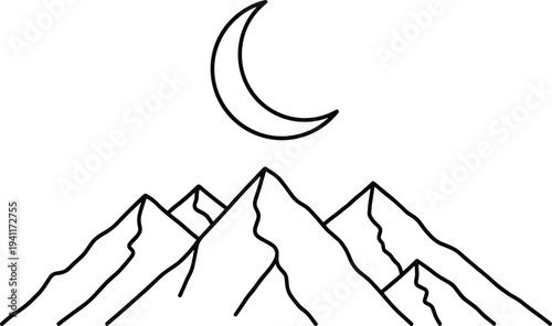 Serene mountain landscape with crescent moon at night