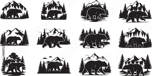 Black silhouettes of bears and mountains with pine trees