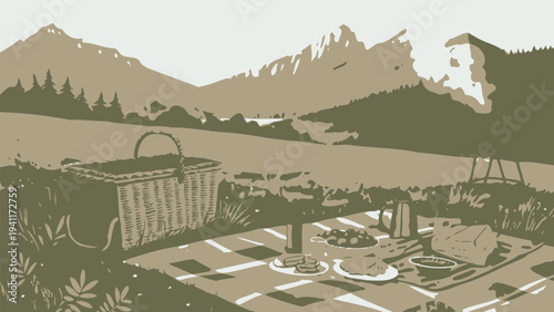 Picnic setup on a checkered blanket in a serene mountain meadow