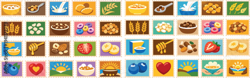 National Cereal Day Breakfast Food Stamp Icon Set with Grain Bowl Milk and Morning Meal Vector Collection