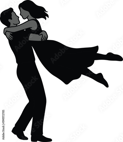 Romantic couple lifting woman in arms love relationship happy moment silhouette isolated black vector illustration
