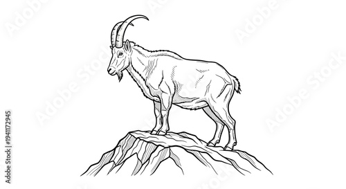 Detailed illustration of a powerful alpine ibex standing majestically atop a craggy mountain peak