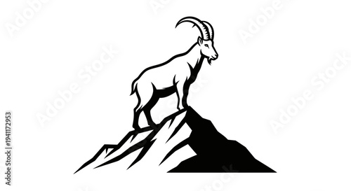 Majestic horned ibex standing proudly on a rugged mountain peak in bold vector art