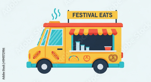 Vibrant yellow food truck with 'festival eats' sign serving festival food