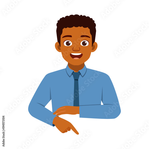 A cheerful young Black man smiling and pointing down wearing a blue shirt and tie with a friendly happy expression
