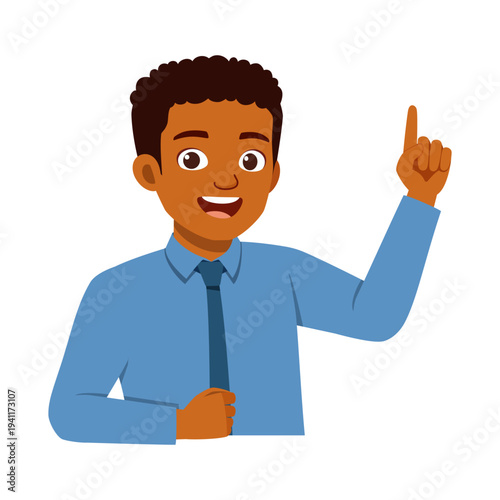 Happy African American man pointing upwards smiling broadly wearing blue shirt and tie with a cheerful confident expression
