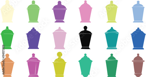 There is a collection of identical vector graphics, each depicting a stylized jar or pot with a lid. The graphics are arranged in three rows, creating a visually appealing grid layout.