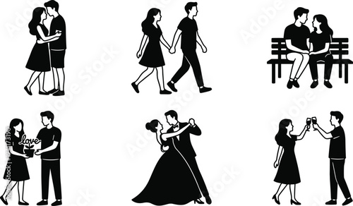 Romantic couple silhouettes collection hugging walking sitting dancing and celebrating, love relationship scenes with man and woman vector set
