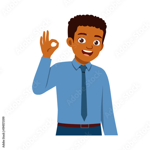 Happy African American man in shirt and tie making an OK gesture with a confident smile