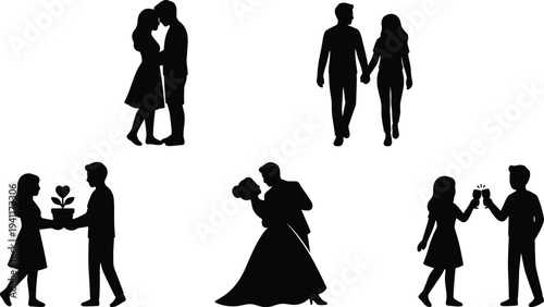 Romantic couple silhouettes set hugging walking dancing and celebrating love, relationship scenes with man woman vector illustration couple silhouettes set hugging walking dancing and celebrating love