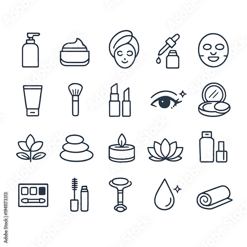 Web  Beauty and Cosmetics Flat Icon Set, Skincare Makeup Tools Spa Elements, Elegant Minimal Vector Icons Collection for Salon and Personal Care on White Background