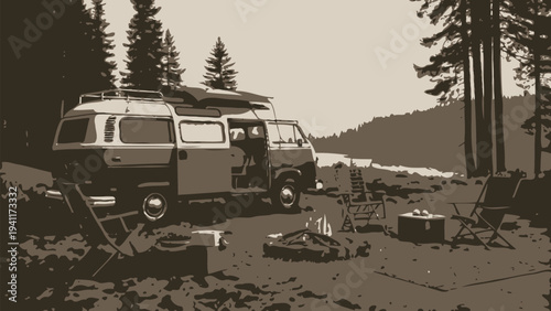 Camping adventure with van and campfire in serene forest