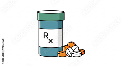 Prescription medication bottle with pills spilling out rx symbol healthcare and pharmacy concept