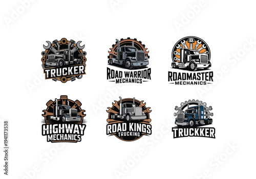 Truck Repair Service Logo Collection , Wrench and Gear Mechanic Logo, Semi Truck Garage Logo  vector design