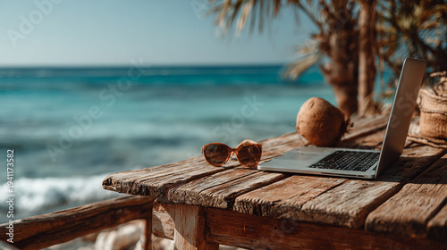 A dreamy beach workspace with laptop, sea waves, sand, palm trees, freedom, relaxation, remote work lifestyle, and perfect vacation-work balance.