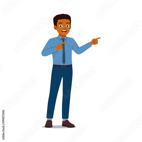 Smiling African American man in a shirt and tie pointing both hands to the sides showing happy mood