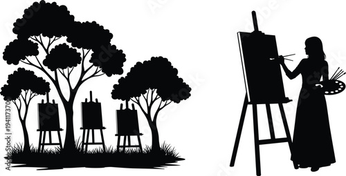 Silhouette vector illustration of a female artist painting on a canvas in nature under trees for creative outdoor hobby concept.