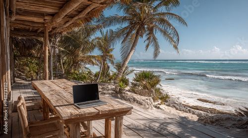 A dreamy beach workspace with laptop, sea waves, sand, palm trees, freedom, relaxation, remote work lifestyle, and perfect vacation-work balance.