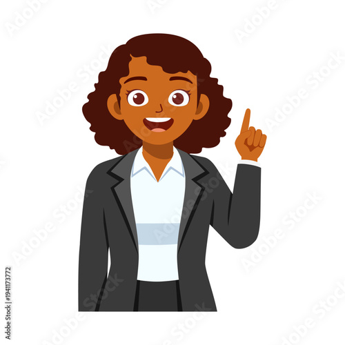 Happy Smiling African American Businesswoman Pointing Upwards with an Idea in Flat Cartoon Style