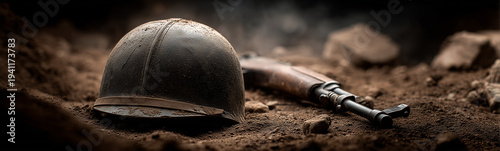 Worn Helmet and Weapon: A h...