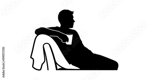 Graphic silhouette of a man relaxing on a lounge chair, holding a cup, embodying quiet contemplation