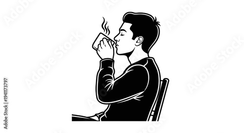 Stylized monochrome illustration of a man enjoying a comforting hot beverage moment in serene