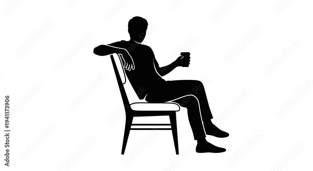 Fototapeta premium Stylized black and white illustration of an individual unwinding with a refreshing drink