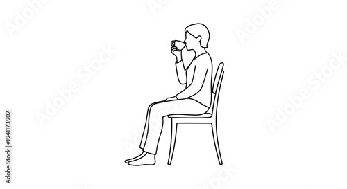 Minimalist black and white line art depicting an individual enjoying a quiet beverage moment