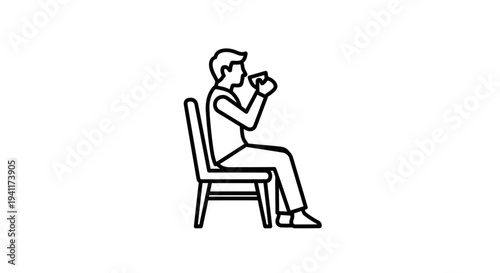 Minimalist line art illustration of a person seated on a chair, taking a drink from a cup,