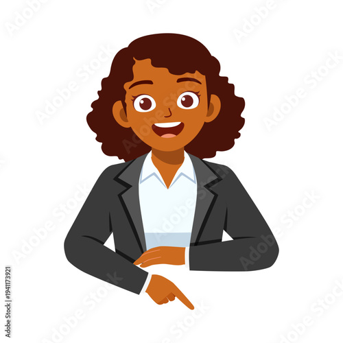 Happy African American businesswoman cheerfully smiling and pointing down in a professional suit illustration