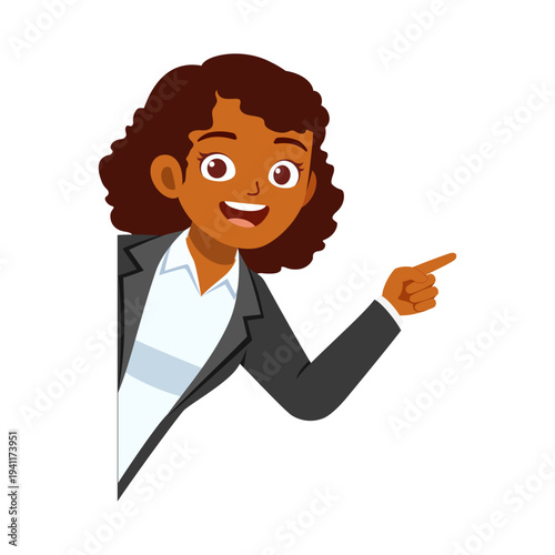 Happy smiling African American woman in business attire peeking from side and pointing cheerfully