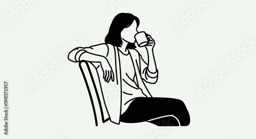 Minimalist line art illustration of a woman enjoying a warm beverage in a moment of quiet relaxation