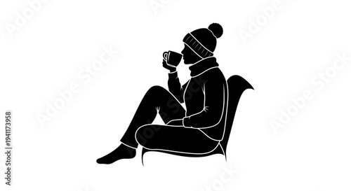 Minimalist silhouette enjoying a calming warm beverage in a cozy winter setting graphic illustration