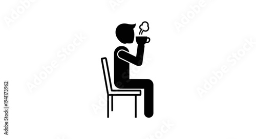 Minimalist icon of a person comfortably seated on a chair enjoying a steaming hot beverage
