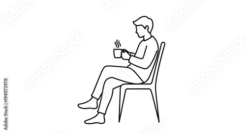 Elegant monochrome line art of an individual savoring a hot drink while comfortably seated