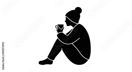 Silhouette of a person in a hat enjoying a comforting warm drink in a peaceful moment