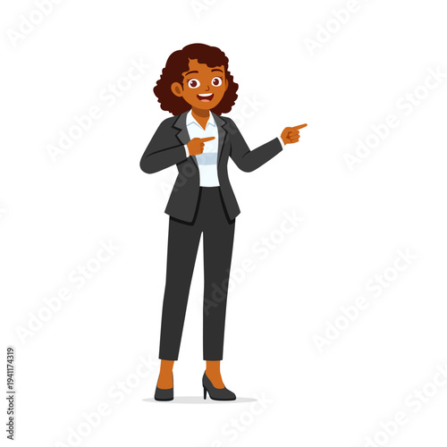 African American Businesswoman Smiling and Happily Pointing Both Hands Presenting Information