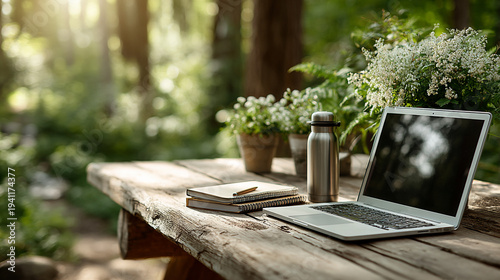 A remote work setup in a peaceful forest environment, surrounded by trees, nature, fresh air, tranquility, creativity, and eco-friendly lifestyle.