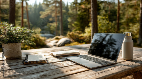 A remote work setup in a peaceful forest environment, surrounded by trees, nature, fresh air, tranquility, creativity, and eco-friendly lifestyle.