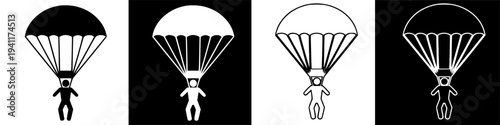 Parachutist descending with open parachute black and white illustration.