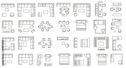 diverse top-down furniture layout blueprints for interior design and home space planning illustrating various room arrangements for modern living